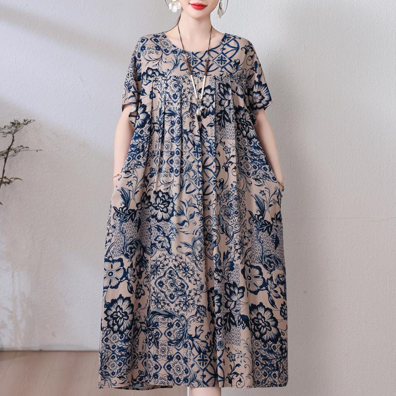 Plus Size Loose Vintage Print Langes Kleid für Damen Lässige Kurzarm-Sommer-Damenkleider