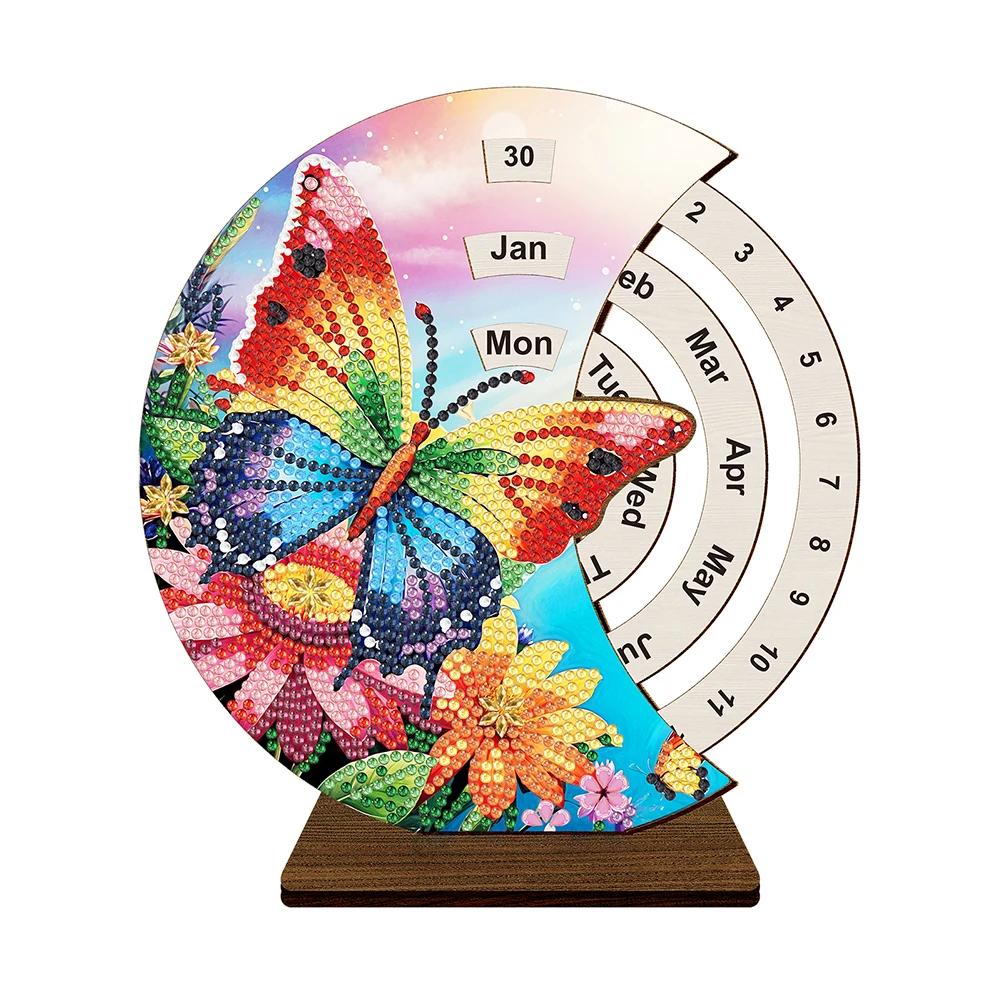 Wooden Special Shaped DIY Diamond Painting Moon Perpetual Calendar Diamond Handmade Rotating Calendar Desk Decor for Beginners