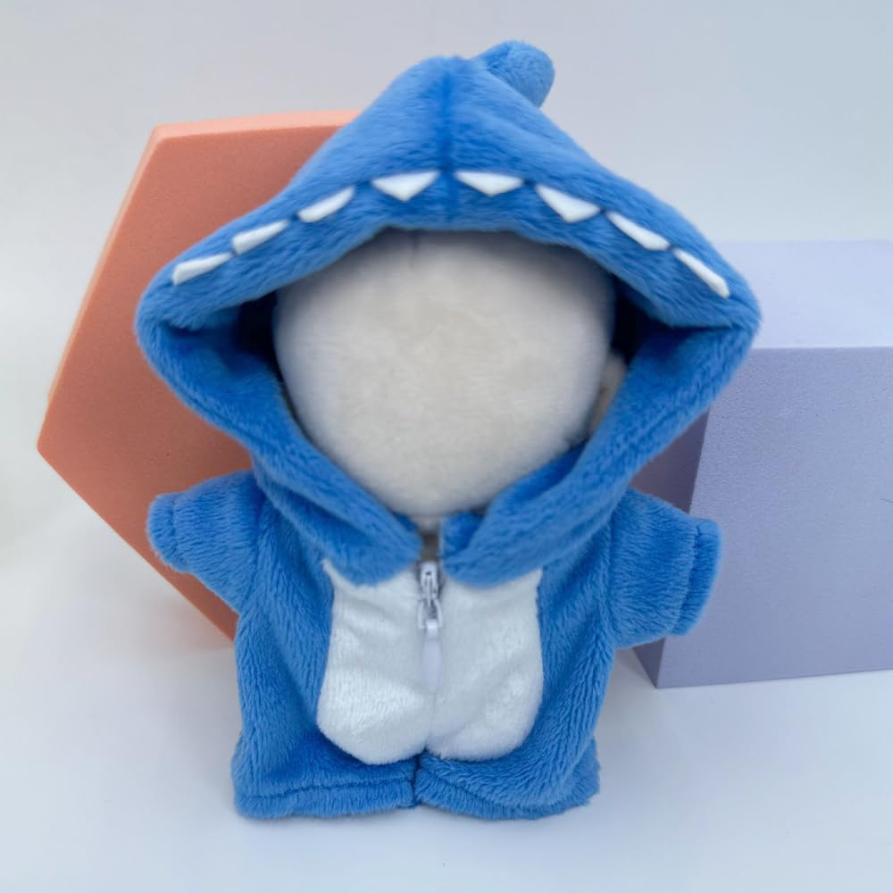 niannyyhouse 10cm Plush Dinosaur Shark Jumpsuit Coverall Dress-Up Cotton Doll with Accessories (Blue)