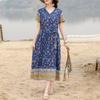 Women's Boho Floral Maxi Dress, V-Neck Tie Waist Casual Summer Dress (XL-5XL)