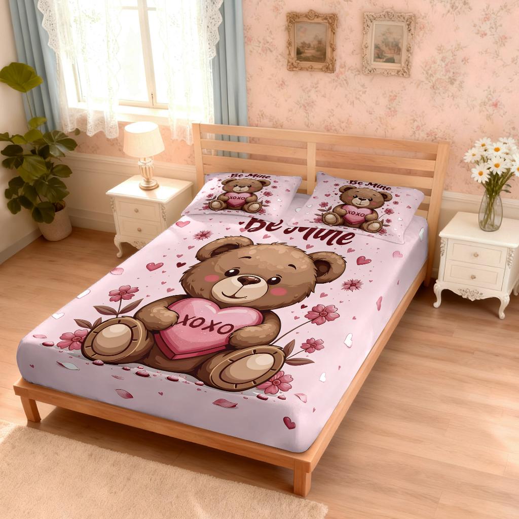 3pcs Valentine's Day Romantic Love Cartoon Bear Print Bed Sheet Set Multi Size Soft Bedcover Bedroom Bedding Festival Decoration