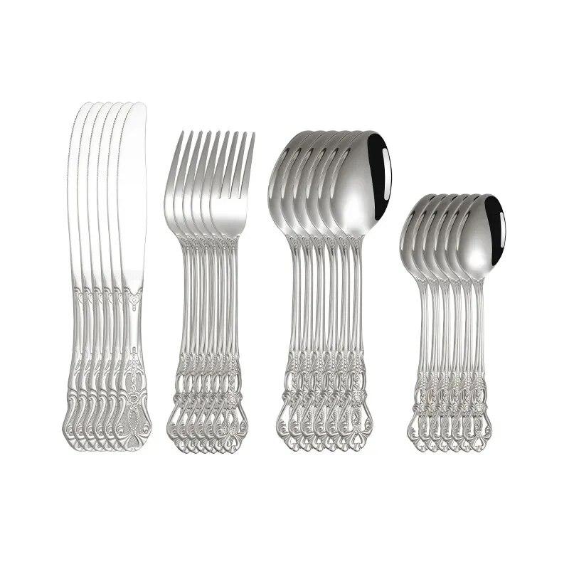 

24 шт./набор столовых приборов в стиле ретро, набор столовых приборов в золотом стиле, роскошная столовая посуда в европейском стиле, ложка, вилка, нож для стейка, набор столовых приборов, подарочная коробка серебряный