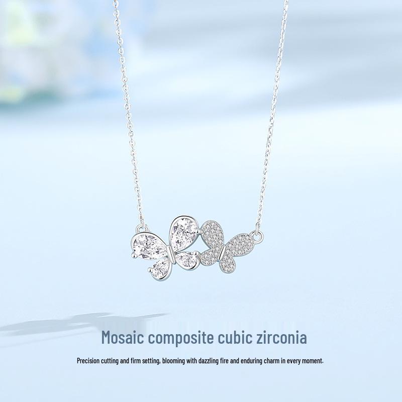 Tichiya S925 Sterling Silver Butterfly Dance Necklace - Elegant Zircon Butterfly Collarbone Chain for Women 925 Silver