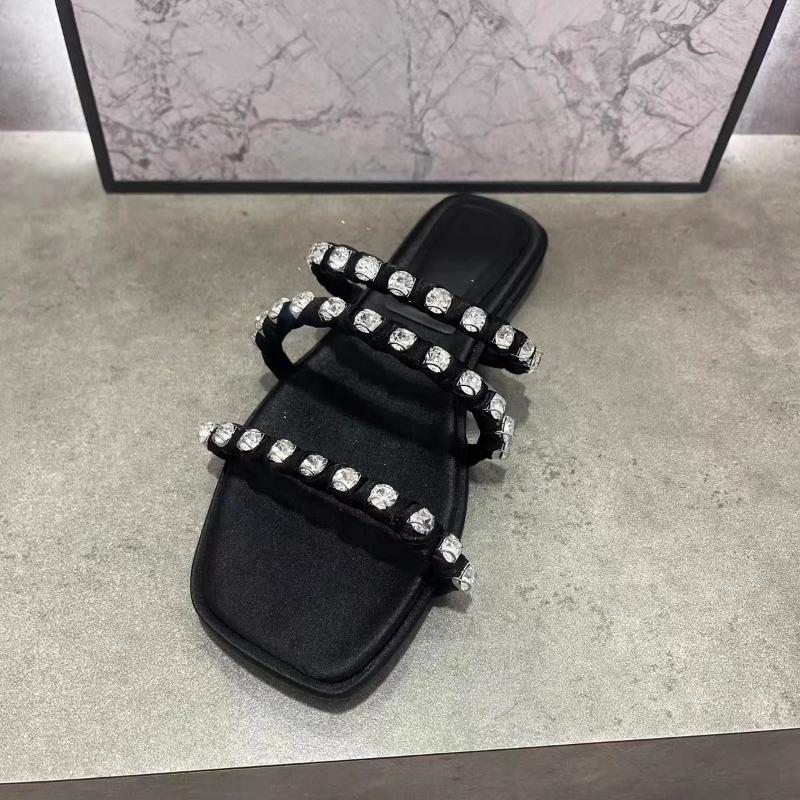 Small C Home K Summer New Women's Shoes Inlaid with Diamonds Square Head Cool Slippers Flat Slippers Women