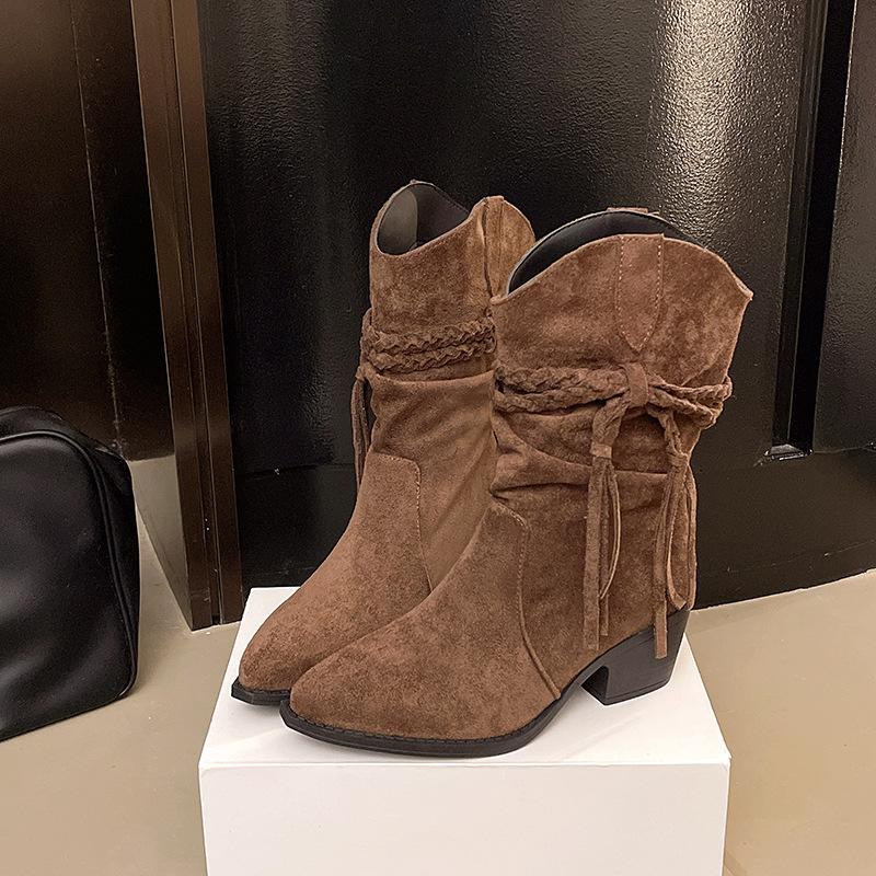 Inner heightening Wasteland Wind Martin Boots Women's 2025 New Folded Stacking Boots Tassel Coarse Heel Medium Cowboy Boots