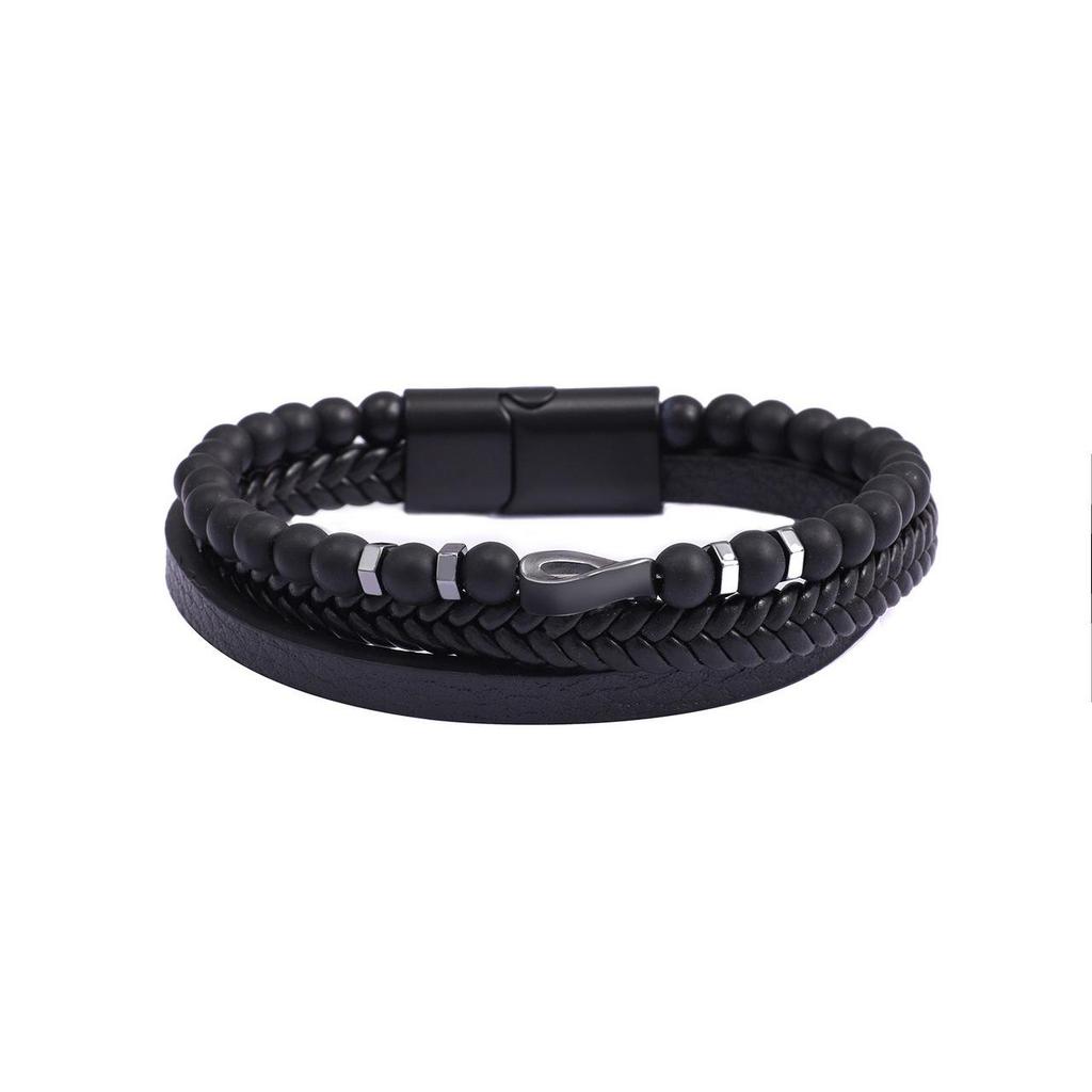 Men's Multi-Layer Braided Leather Bracelet with Natural Stone & Beaded Alloy Accents
