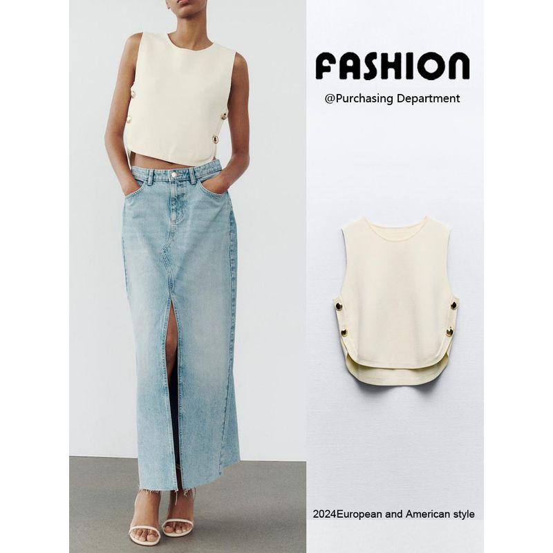 Za2024 Autumn New Women's Clothing Casual Easiest for Match Round Neck Side Button Knitting Vest 9598133 712