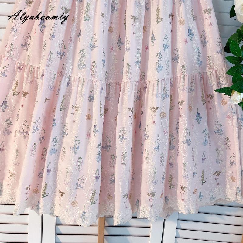 Prairie Chic Spring Summer Women Pink Skirt High Waist Floral Embroidery Sweet Skirt Mori Girl Elegant Delicate Midi A-Line Skirt
