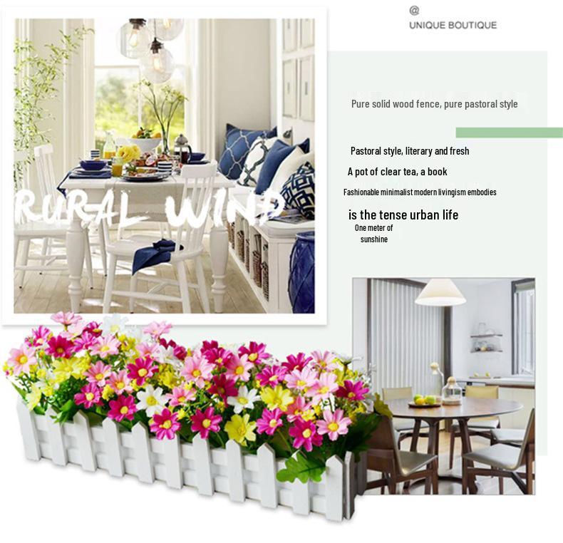 Silk & Plastic Flower Bouquet with Wooden Fence for Living Room Décor