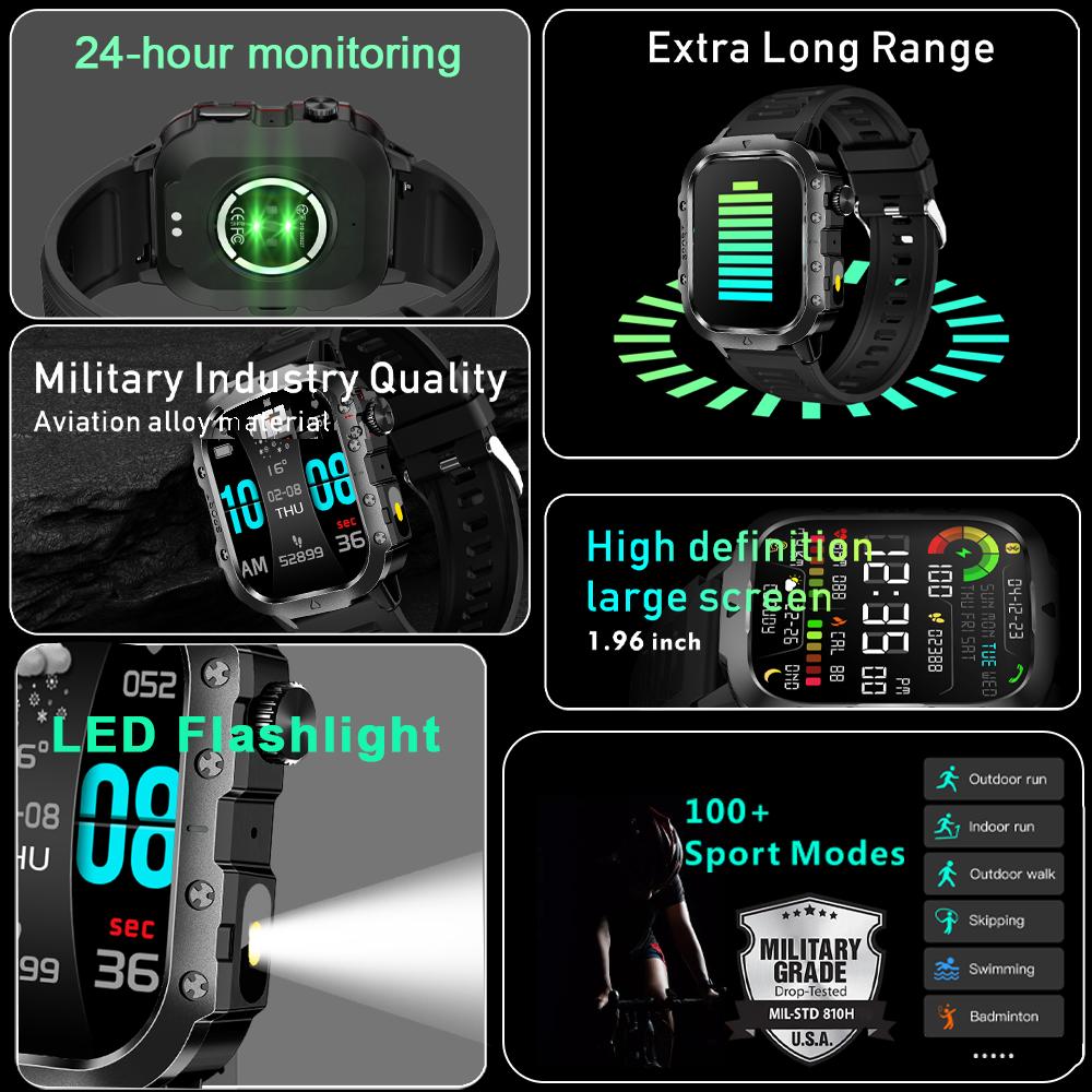 New For Android Military Smart Watch Men Flashlight Heart Rare Waterproof Outdoor Sports Tracker Wireless Calling Smartwatch