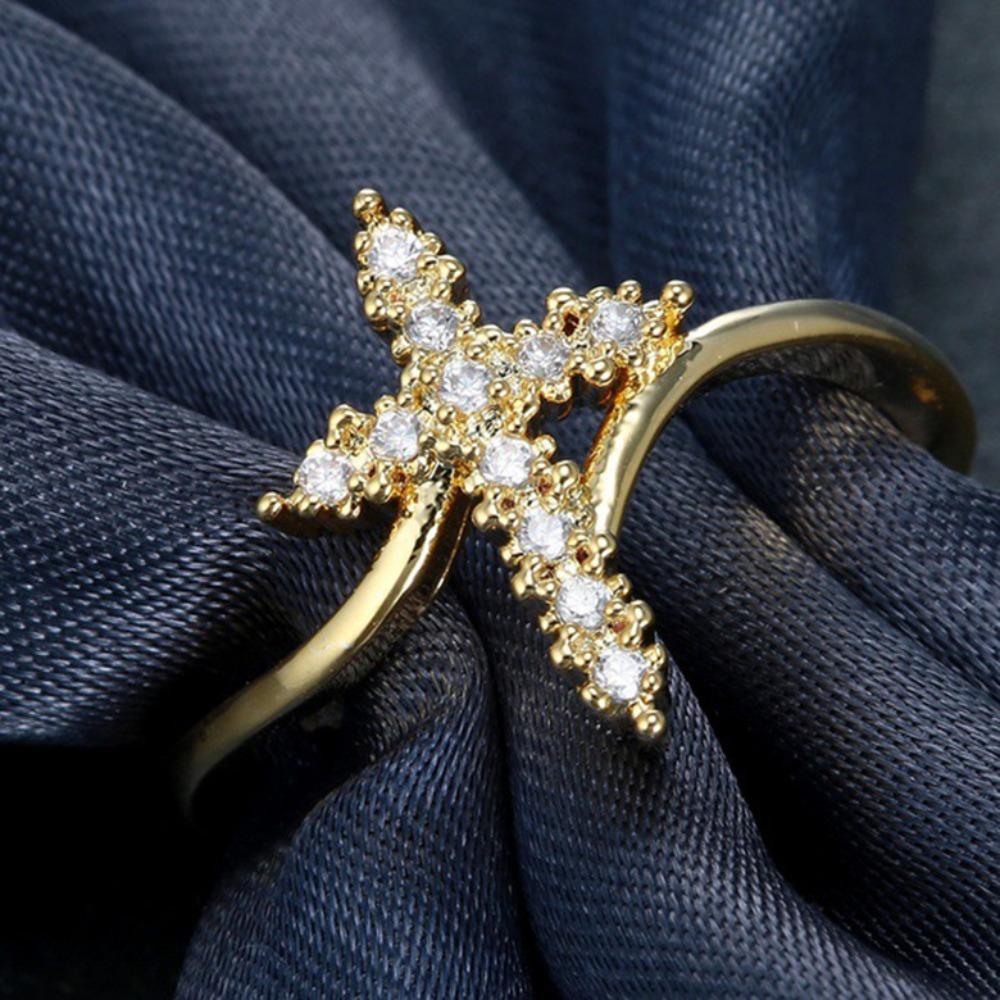 Women Silver Cross Ring with Diamonds Stylish European Fashion Jewelry Gift