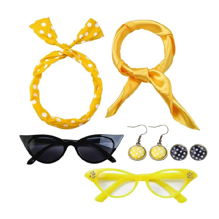1950s Costume Accessories Set Scarf Headband Earrings Bandana Tie Cats Eye Glasses Set for 50s Party Halloween Cosplay