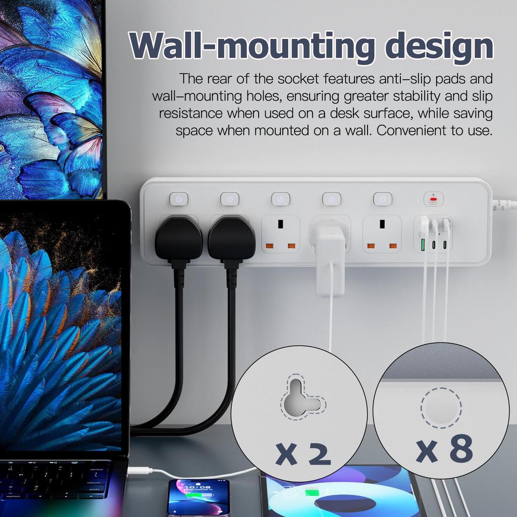 UK Socket Extension Cord with PD30W Fast Charging & Independent Switch Control, 5-Hole Overload Protection