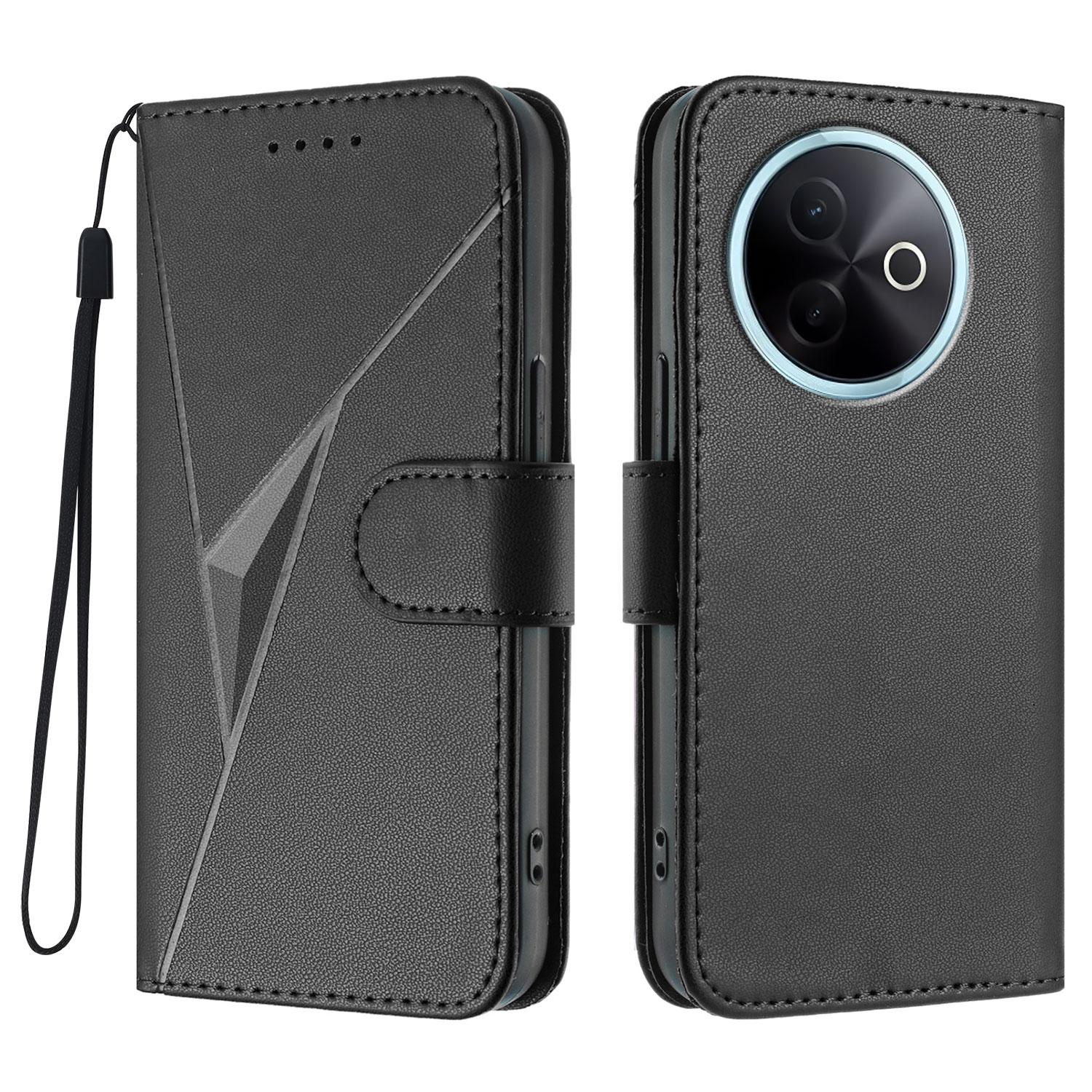 

For vivo Y300i 5G/vivo Y39 5G Case Triangle Imprint Leather Phone Cover with Lanyard Black