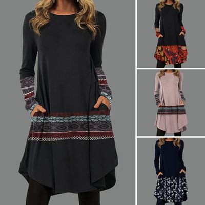 Women Autumn Dress Pockets Big Hem Ethnic Print Long Sleeves Crew Neck Warm Vintage Plus Size Lady Dress for Work