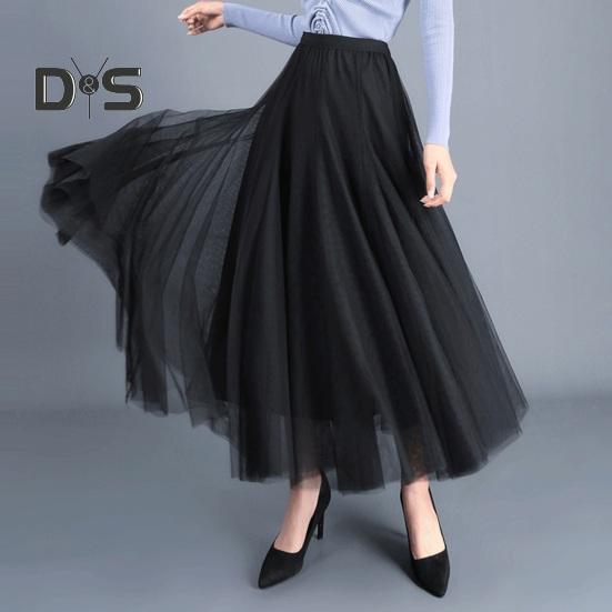 Women Midi Skirt Elastic High Waist Long Skirt with Solid Mesh Hem Solid Color A-Line Skirt Daily Wear