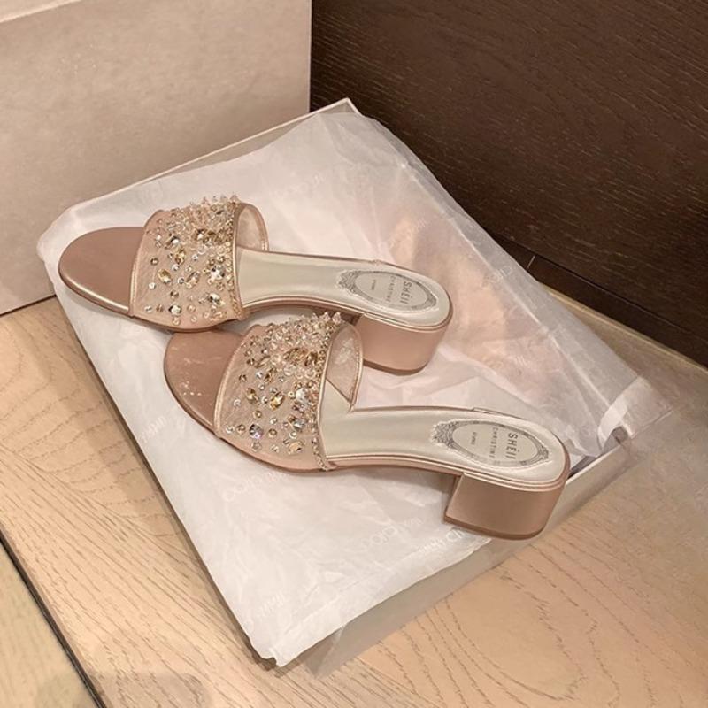 

Хрустальные туфли Водяной бриллиант На одно плечо Шлепанцы на толстом каблуке Женская обувь Крутая 37 розовый/шампанского