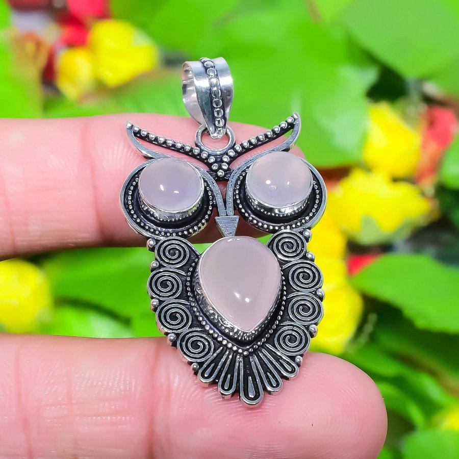 Owl- Rose Quartz Gemstone Handmade 925 Sterling Silver Gift Pendant 1.97" I7Z58