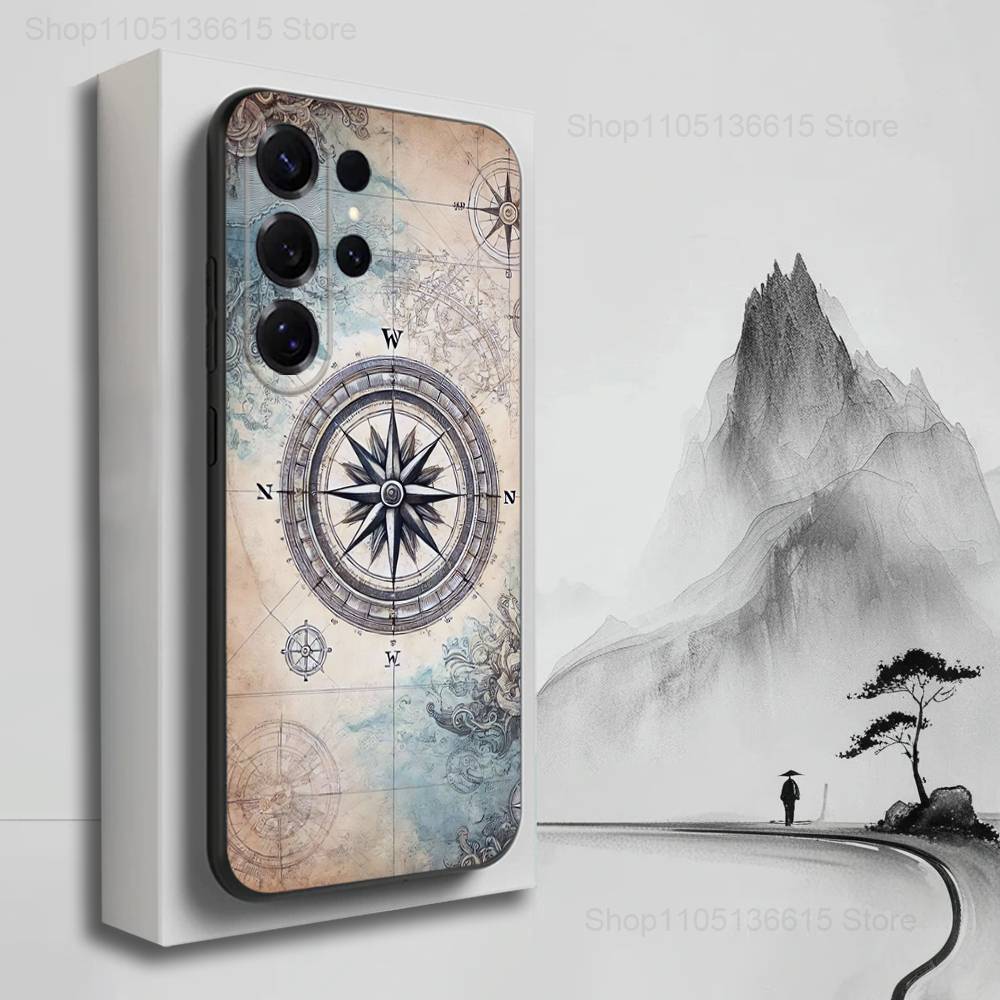 Art Navigation Compass For Samsung S9,S10,S20,S10,S21,S25,S24,S23,Ultra,FE,Plus,Lite,Soft Silicone Black Case