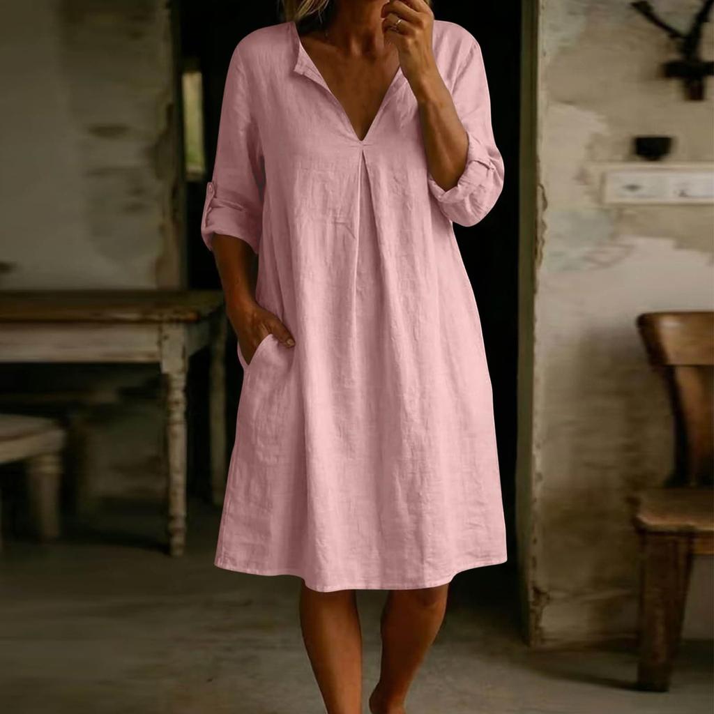 Women Casual Loose Fit V Neck Cotton Linen Dress with Three Quarter Sleeves and Side Pockets for Daily Wear Comfortable Style
