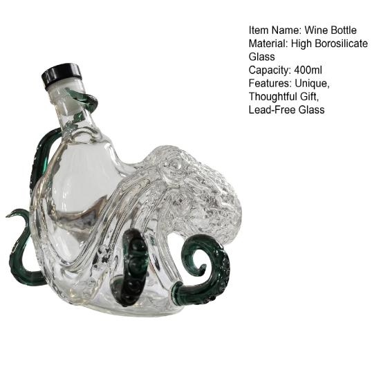 Yousheng Octopus Shaped Whiskey Decanter, 3D Blown Glass Wine Bottle with Stopper, 400ml Handmade Lead-Free Barware, Creative Bar Decor Gift for