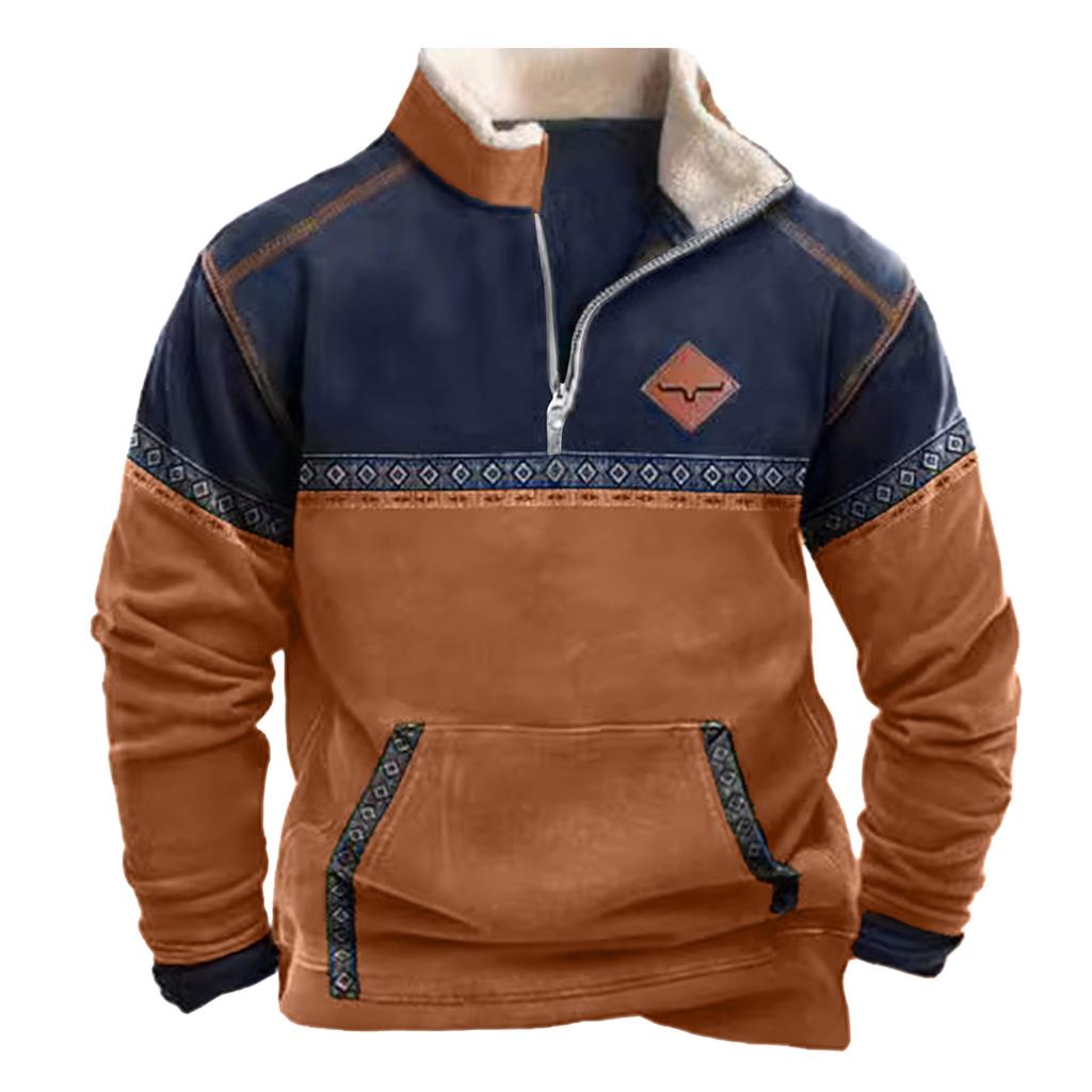 Men's Casual Pullover Jacket Half Zip Fleece Lined Sweatshirt with Front Pocket and Decorative Shoulder Lacing for Outdoor Activities