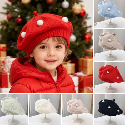 French Style Beret Hat Plush Ball Decor Baby Beret Hat with Anti-Slip Design Elastic Fit Warm Knitting Hat Autumn Winter Headwear