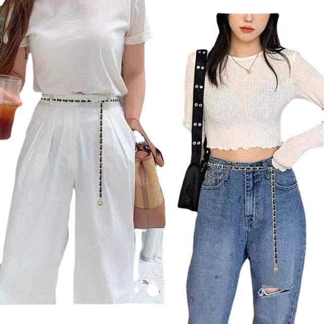 Metal Chain Waist Chain for Women In Summer with Denim Elegant Dress Decoration Accessories Knitted Leather Small Fragrance Belt
