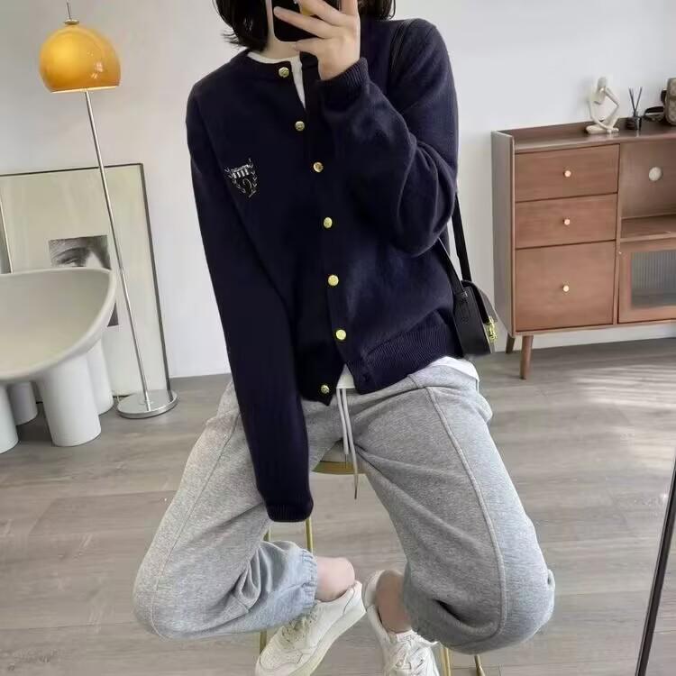 Women's 100% Wool Embroidered Badge Cardigan - New for Early Spring 2025, Soft Round Neck, Thin Knit Sweater.