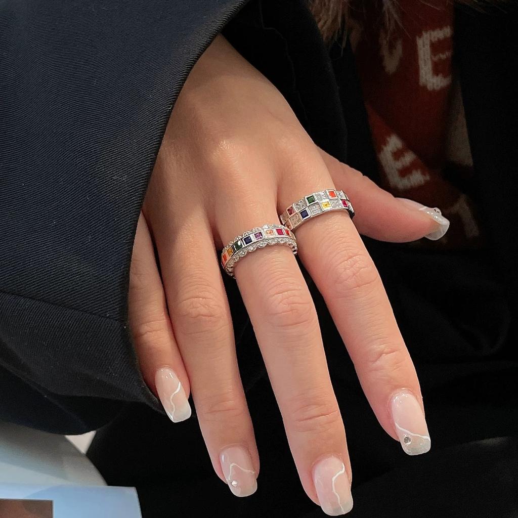 Chessboard Plaid Rainbow Ring Female Light Luxury Minority Design Ins Style Fashion Personality High-Grade Sense S925 Sterling Silver Ring