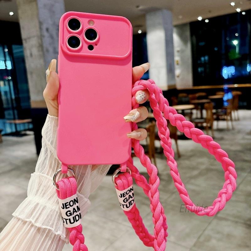 Candy Cute Lanyard Case For iPhone 16 Pro Max 12 11 13 15 14 Pro Shockproof Solid Braid Crossbody Neck Cord Strap Soft Cover