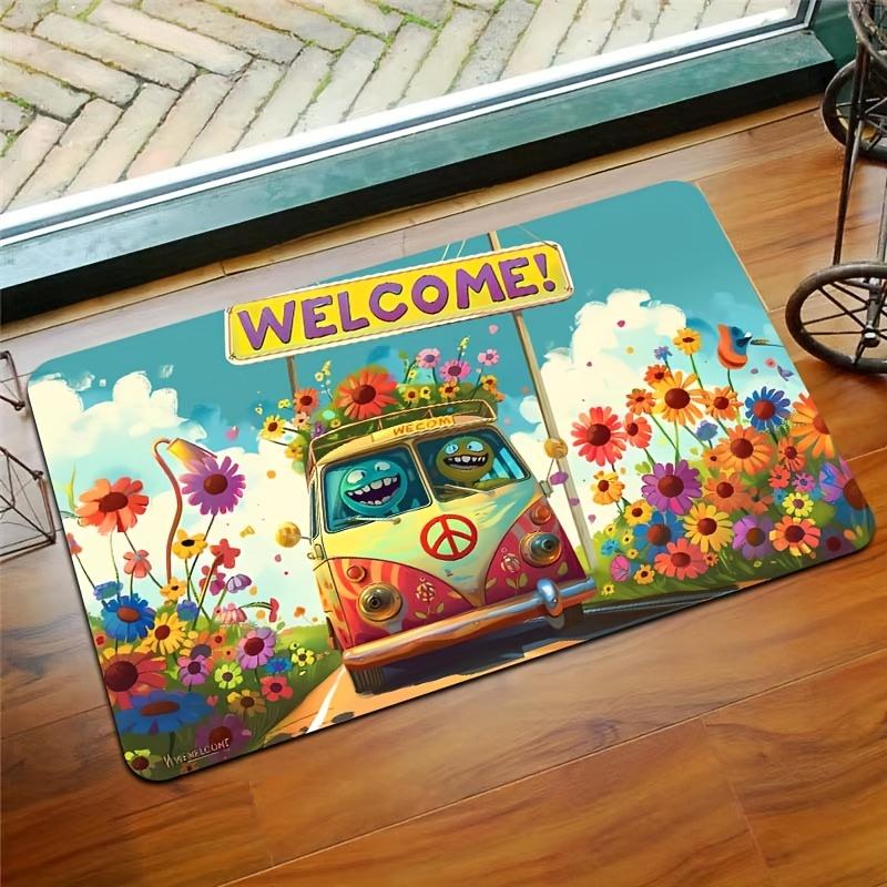 

Charming Welcome Cartoon Bus Non-Slip Floor Mat Washable Decorative Area Rug for Kitchen Bathroom Living Room Bedroom Entrance 40x60cm