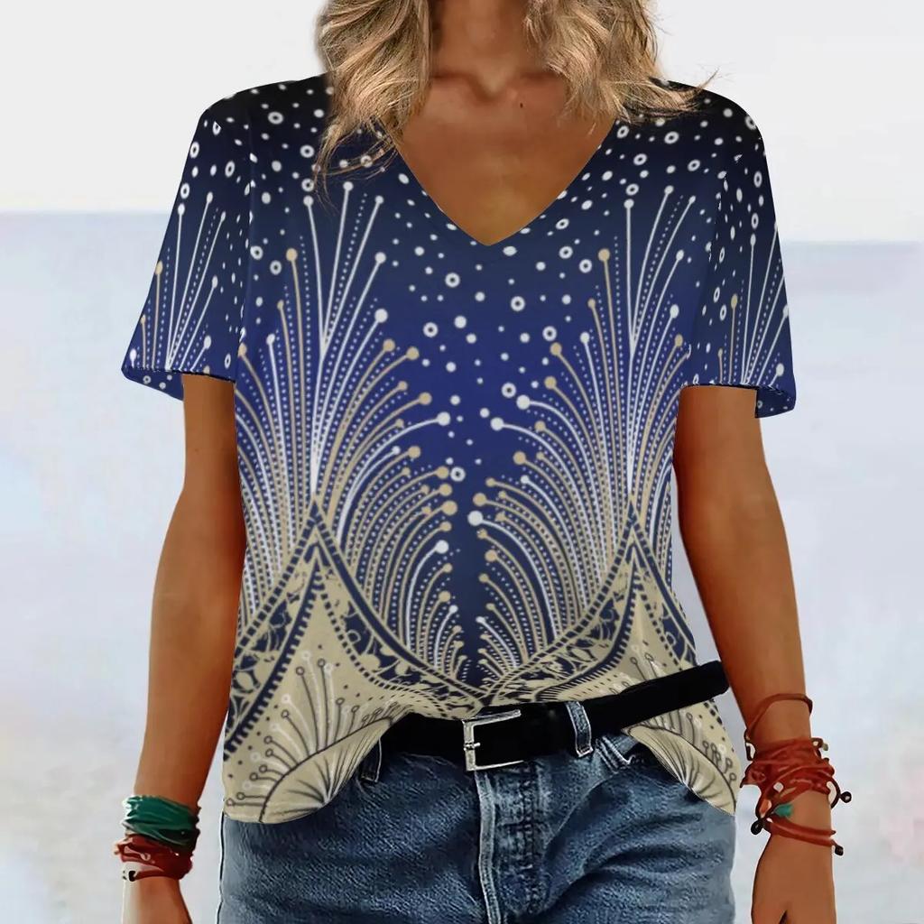 Summer V-neck 3D Gradient Printed Top Fashionable Casual Short Sleeved Women's T-shirts