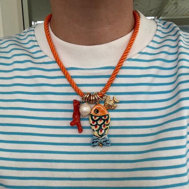 Handmade Chunky Rope Multi Color Ceramics Starfish Octopus Fish Pendant Necklace Summer Beach Shell Y2K Collar Jewelry