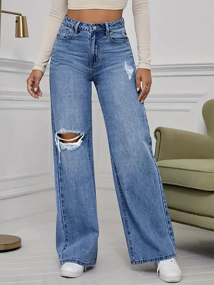 Puffanpop Jeans Rasgados para Mujer Lavado Retro Pantalones de Denim de Cintura Alta Jeans Rectos Sueltos Pantalones Boyfriend