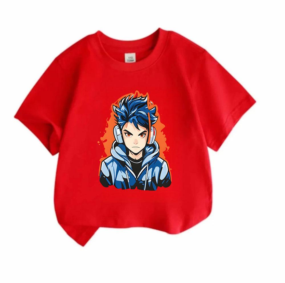 Kids 100% Cotton Crew Neck Short Sleeve T-Shirt, Cool Anime Blue Spiky Hair Gamer Boy Print Casual Soft Tee for Boys Girls Daily Wear