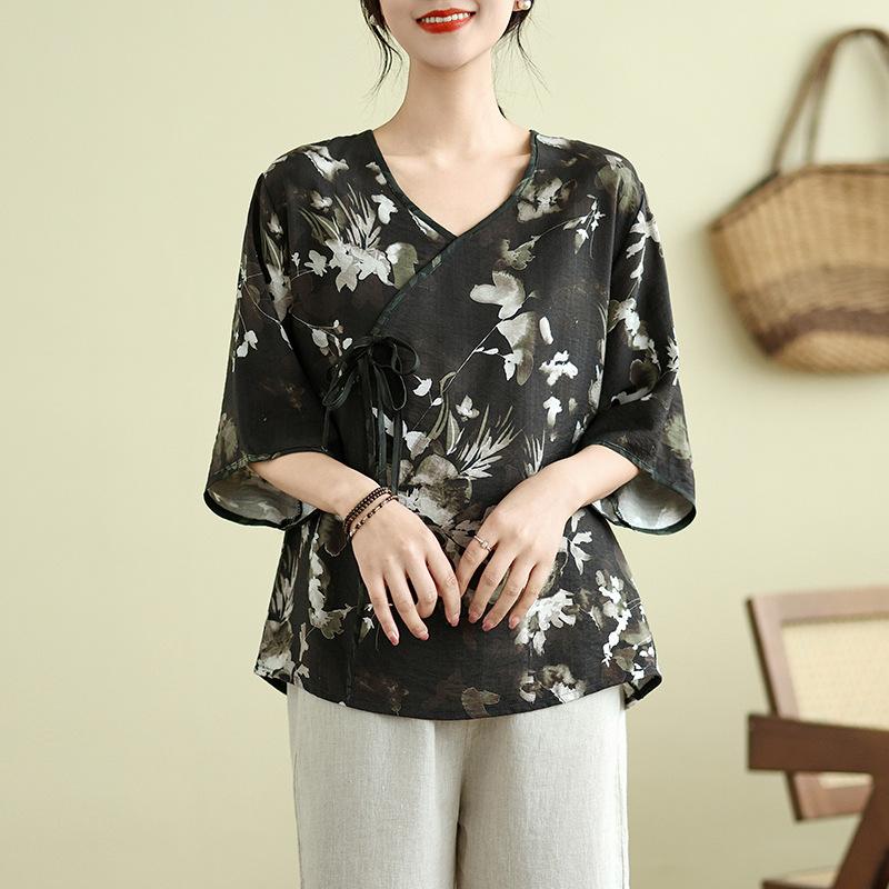 New Chinese Style Chiffon Shirt Printed Plus Size Shirt Summer Retro Loose Short Sleeved Top