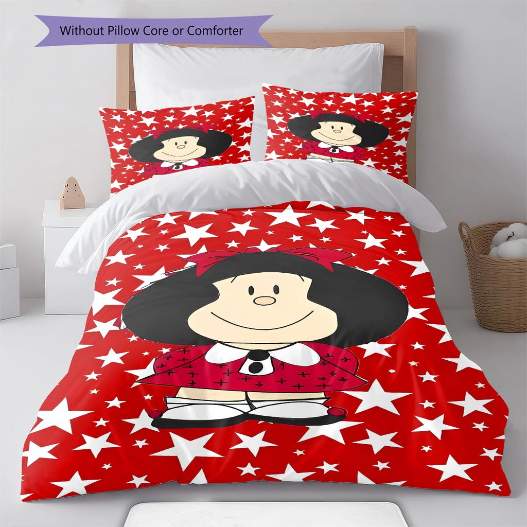 Pościel z wzorem Mafaldy, Zestaw kołdry Poszewka na kołdrę Poszewka na poduszkę Domowy prezent urodzinowy (1 * poszwa na kołdrę + 2 * poszewki na poduszki, bez rdzenia)