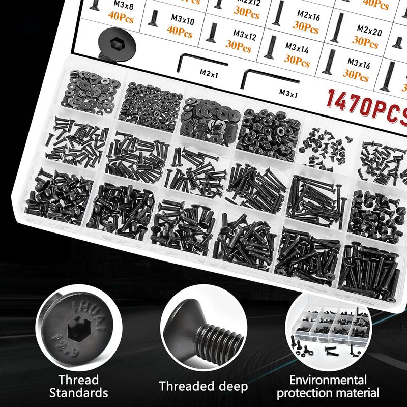 1470pcs M2 M3 M4 Flat Head Hex Screws Set,Metric Machine Screw Assortment With Wrench