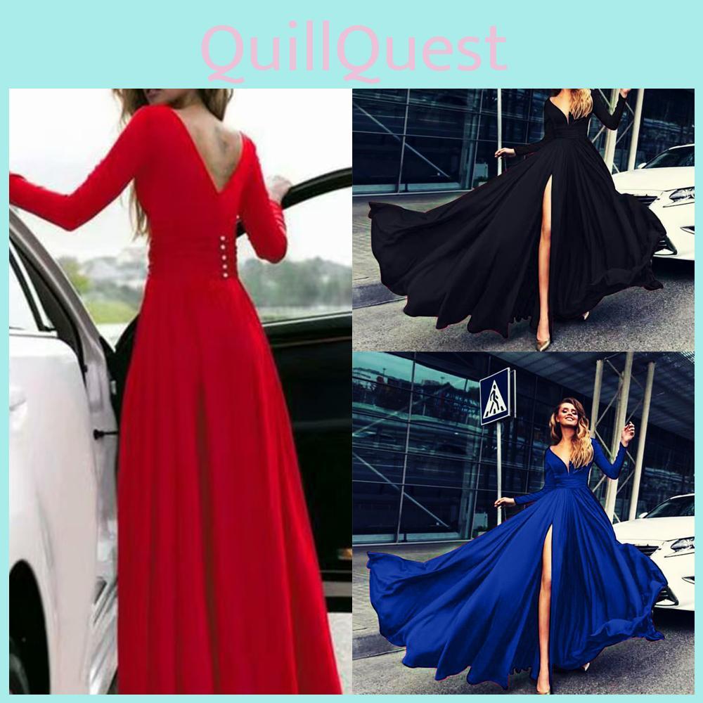 Women Deep V Neck Long Sleeve Slit Prom Gown Dress Elegant Bridesmaid Evening Maxi Dress