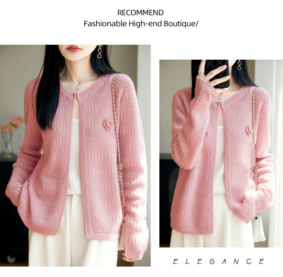 2025 Women's Round Neck Wool Shawl Cardigan: Hollow Out, Loose Fit, Versatile Long Sleeve Outerwear