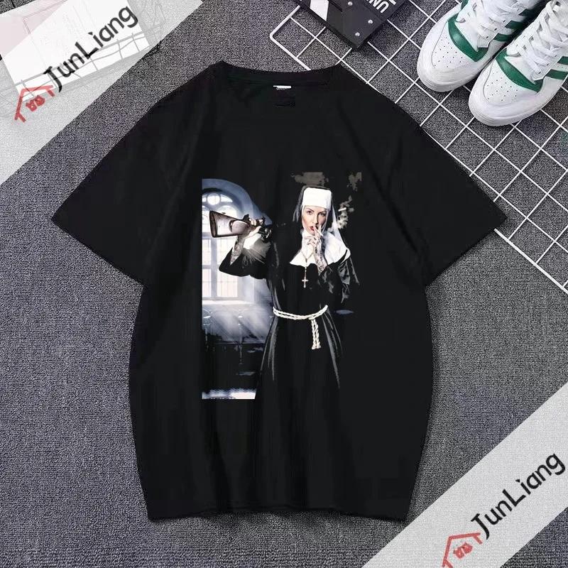 Smoking and Drinking Nuns Religious T-shirt, Cute Unisex T-shirt Short Sleeved Summer Crew-neck Plus Size Breathable Clothing