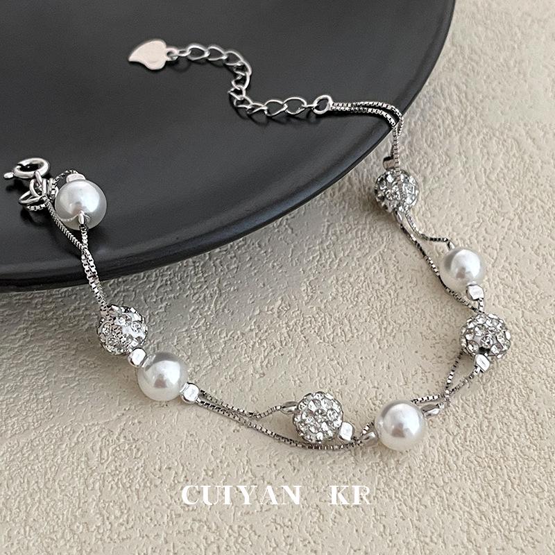 Cuiyan S925 Silver Double-Layer Star Bracelet with Imitation Pearls - Light Luxury Korean Style for Women