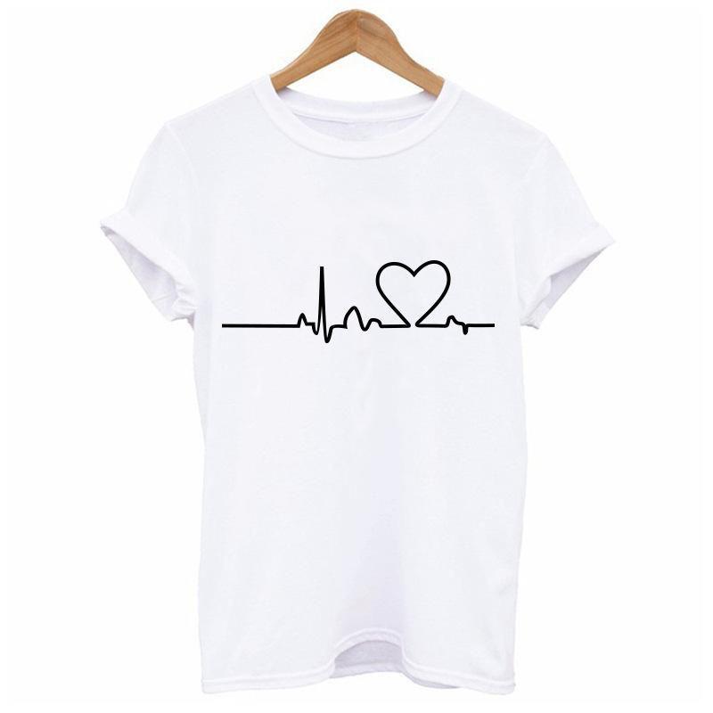 Hochwertiges Sommer Damen Rundhals T-Shirt mit Print und modischem Herzschlag-Design