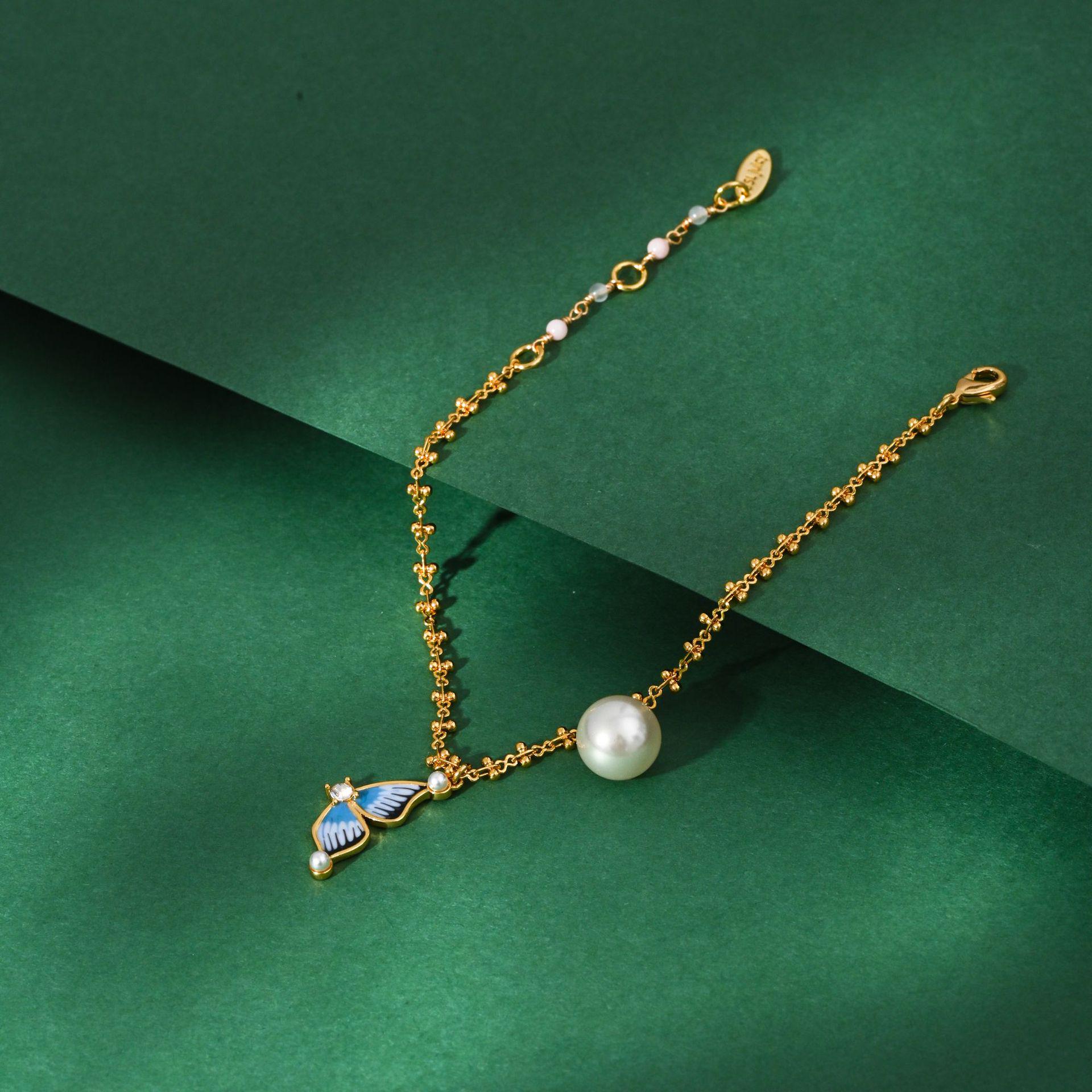 Изысканный браслет в китайском стиле с синей бабочкой, жемчужной кисточкой и эмалированными украшениями – Модный подарок