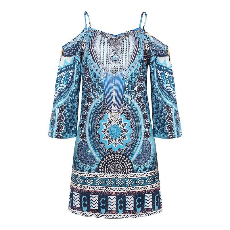 Women's Printed Round-neck Hollow-out Short-sleeved Off-the-shoulder Sexy Halter Dress