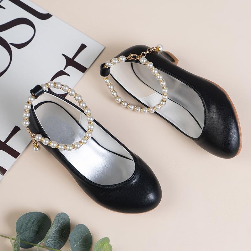 Girls' High-heeled Leather Shoes Spring Children's High-heeled Middle-aged Kid's White Wedding Host Show Princess Dress Shoes
