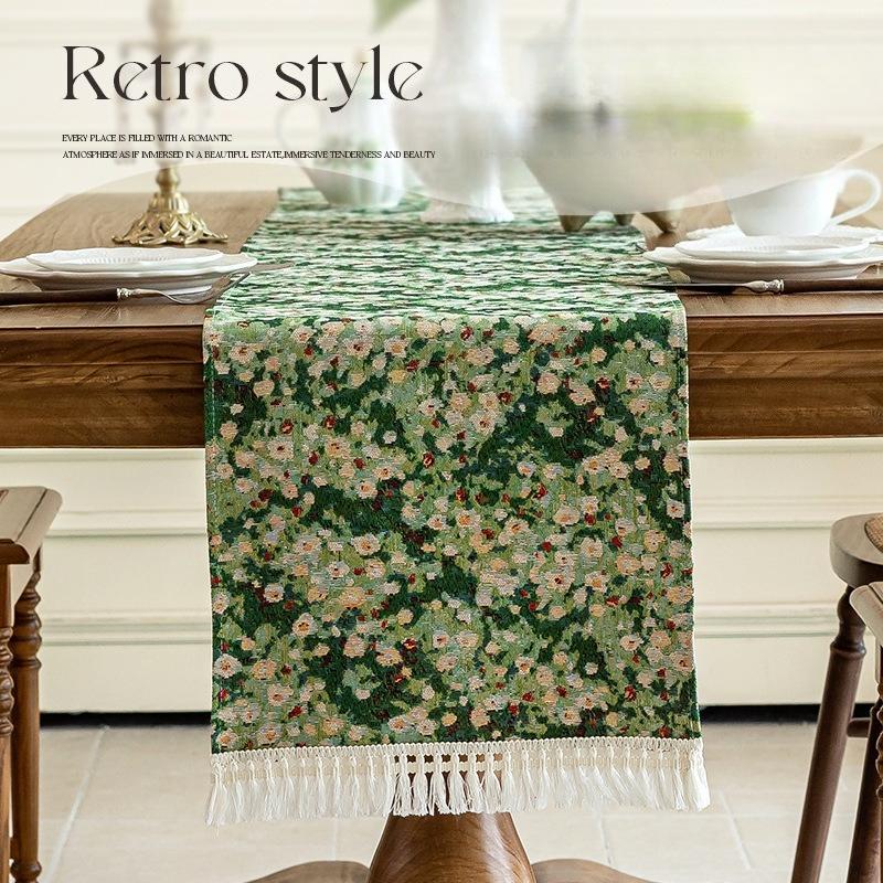 Bohemia Green Table Flag Vintage Flowers Dining TableKitchen Decoration Flag For Family Dining Table Vacation Christmas Party