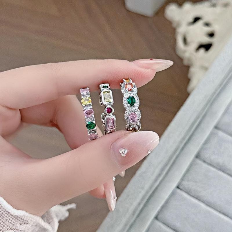 Sweet And Cool, Colorful Row Diamonds, Shiny Zir*****Pen Ring, Female Colored Treasure, Elegant Temperament, Niche, High-End Sense, Index Finger Tide