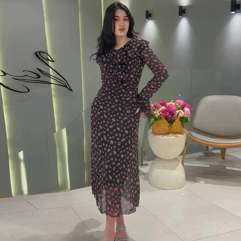 

2024 Осеннее женское элегантное платье с принтом, круглым вырезом и расклешенными рукавами XXL чёрный